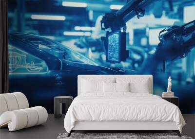 A high-tech car factory with robotic arms, holographic screens displaying design data and product models in the air above production lines Wall mural