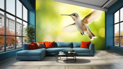 A hummingbird in mid-flight, showcasing its vibrant colors against a blurred green background. Wall mural