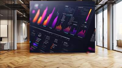 A modern data visualization dashboard displaying various graphs and metrics. Wall mural