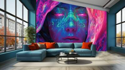 A mysterious man in cyberpunk neon light hooded clothing on looking serious Wall mural