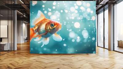 A vibrant goldfish swimming in a sparkling underwater scene. Wall mural