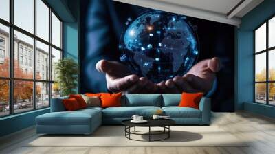 Businessman hand holding virtual globe with digital online network of global connection Wall mural