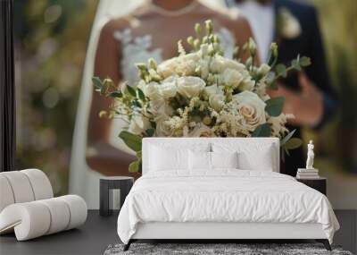 close up on a wedding bouquet in the hands of the bride Wall mural