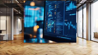 Computer monitor displaying an abstract network monitoring dashboard with real-time data analytics, graphs, and system health indicators Wall mural