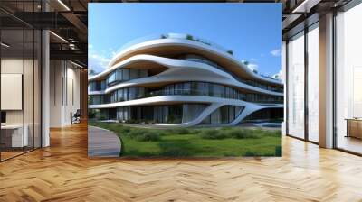 Modern architectural building with curved stone and glass design, architecture, modern, building, curved, stone, glass Wall mural