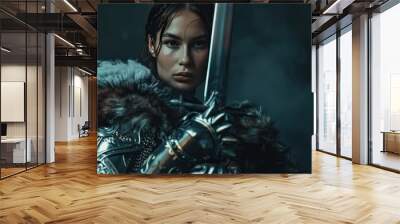 Portrait of a beautiful warrior woman holding a sword wearing steel cuirass and fur. Fantasy fashion Wall mural