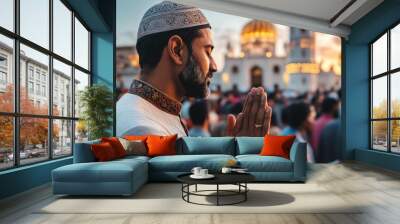 Religious muslim man praying inside the mosque, Islamic prayer Wall mural