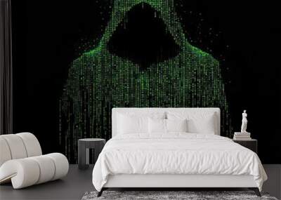 Shadowy figure in a hooded jacket standing against a backdrop of digital data code Wall mural