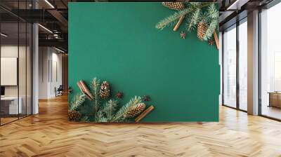 Christmas green background with fir tree and cones, cinnamon, anise. Flat lay, top view with copy space Wall mural