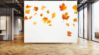 Falling autumn foliage on white background, isolated colorful leaves. Generative AI technology Wall mural