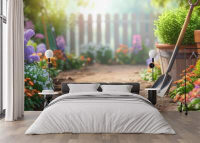 Gardening background with flowerpots in sunny spring or summer garden Wall mural