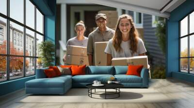 Portrait of happy young family with kid moving in new home Wall mural