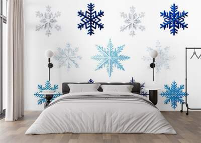 Set of different snowflakes isolated on white background. Macro photo of real snow crystals. Generative AI Wall mural