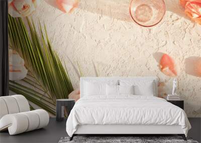 summer cosmetics pastel pink flat lay with shadows. top view of beauty flower and tropical compositi Wall mural