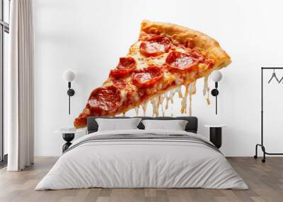 Template with delicious tasty slice of pepperoni pizza flying on white background. Generative AI Wall mural