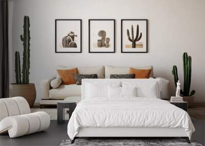 Trendy white living room with modern decoration, simple home decor. Room with black furniture, frame, cactus and some plants. Generative AI Wall mural