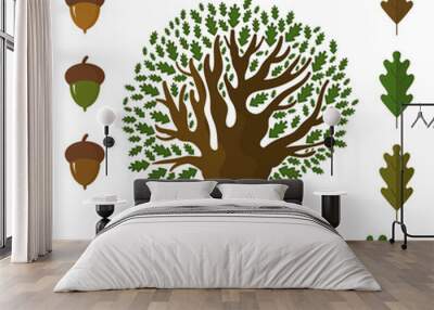 Set of icons on an oak tree with leaves and acorns.Vector illust Wall mural