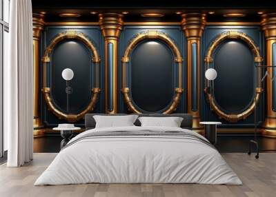 Black and Gold Wall with Three Oval Frames and Golden Columns Wall mural