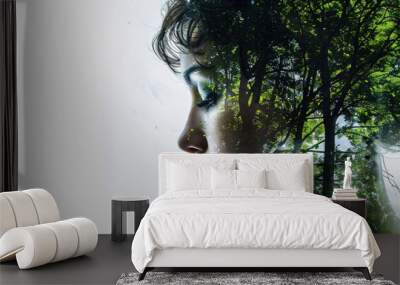 a double exposure photo of a beautiful woman with a green spring forest on a white background Wall mural