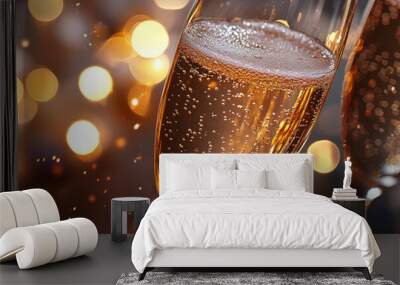 A New Yearâ€™s Eve celebration scene, with a close-up of champagne glasses clinking together, golden bubbles rising in the background, and festive lights Wall mural