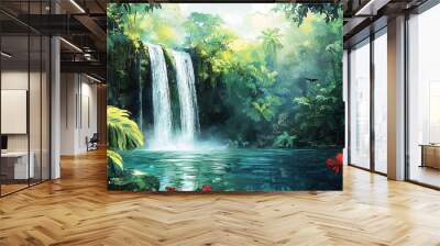 A vibrant watercolor of a tropical rainforest, with a waterfall cascading into a crystal-clear pool, lush green foliage all around, and exotic birds perched on branches Wall mural