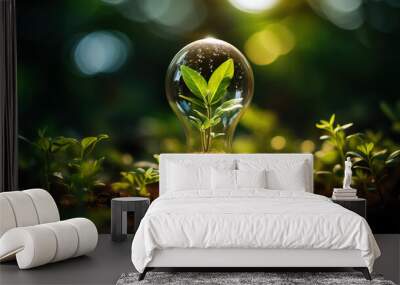 Blooming plant inside light bulb, representing eco-friendly green technology and innovation for sustainable businesses Wall mural