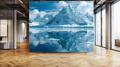 Blue Ice covered mountains with blue water Wall mural