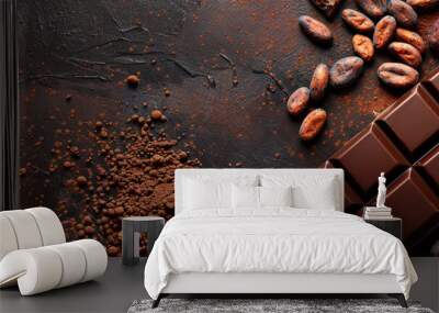 Cacao beans, chocolate bar and cocoa powder on dark background with copy space for design Wall mural