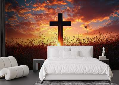 concept conceptual black cross religion symbol silhouette in grass over sunset or sunrise sky, Wall mural