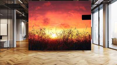 concept conceptual black cross religion symbol silhouette in grass over sunset or sunrise sky, Wall mural