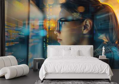 concept of a female software developer working on a computer, represented by a double exposure of lines of code and a developer in action Wall mural