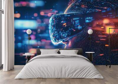 Dive into the world of AI with this stunning image of a virtual reality headset. Experience the endless possibilities of a world where technology and humanity converge in this captivating picture Wall mural