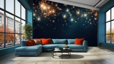 fireworks in black sky against dark background, dark emerald and light amber, decorative backgrounds, with empty copy space Wall mural