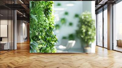 Green living wall with perennial plants in modern office. Urban gardening landscaping interior design. Fresh green vertical plant wall inside office Wall mural