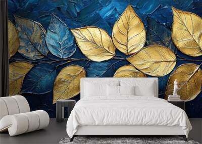 Landscape painting, abstract leaves, artwork, texture, color blocks. Gold. Gold. , blue. Black. Wall mural