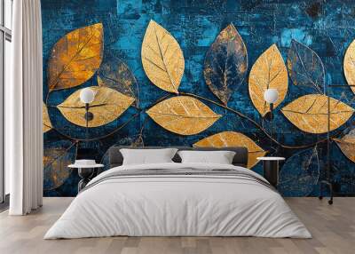 Landscape painting, abstract leaves, artwork, texture, color blocks. Gold. Gold. , blue. Black. Wall mural