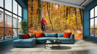 nice senior woman riding her mountainbike on the autumnal forest trails near Stuttgart, beautiful warm colors Wall mural