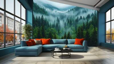 Panoramic view of forest with morning fog Wall mural