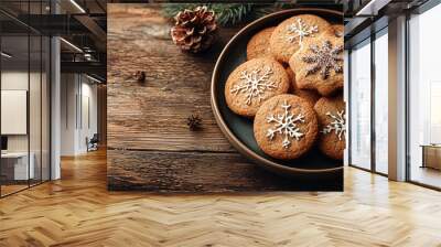 Plate with tasty Christmas cookies on wooden table, copy space for text Wall mural