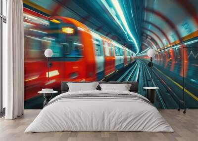 Red tube train in slow motion, captured perspective of someone standing on one side as it passes. Background is blur with streaks and lines representing speed and movement.  Wall mural