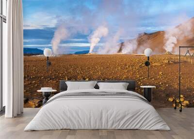 steaming mud holes and solfataras in the geothermal area of Hverir near lake Myvatn, northern Iceland Wall mural