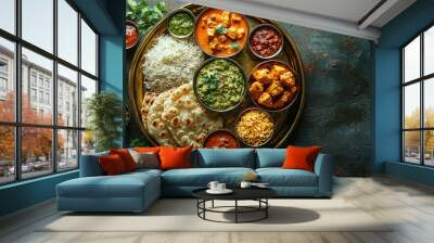 top-down view of a vibrant Indian feast, featuring butter chicken, basmati rice, naan bread, and a variety of colorful chutneys, all presented on a traditional Indian brass plate with fresh coriander Wall mural