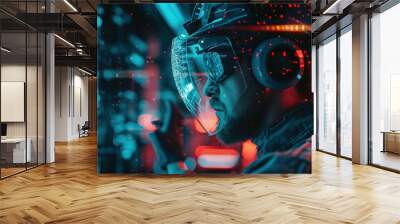 wallpaper of a high resolution craftsman with AI assistant and robot, transparent hologram on construction side Wall mural