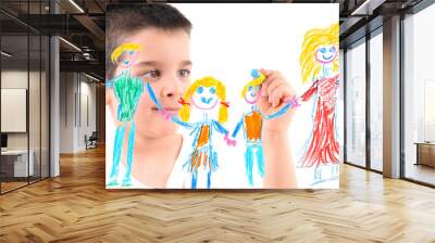 Adorable 6 years old boy painting his family on glass. Wall mural