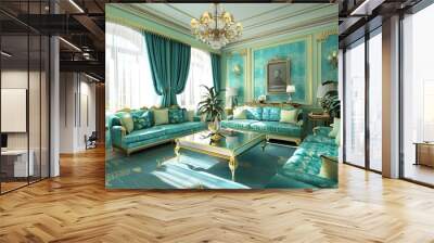 a green living room with blue and gold furniture stock photo & 3d model design art deco bedroom Wall mural