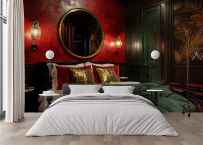 Dark bedroom interior with mirror. Round mirror on red wall above a table with gold leaf in dark bedroom interior with green bed 2 3 Wall mural