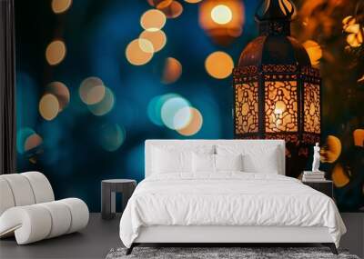 Hanging Ornamental Arabic lantern glowing in night invitation for Muslim holy month Ramadan Kareem Wall mural