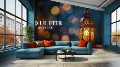 Happy Eid ul fitr background Ornamental Arabic lantern glowing - Eid Mubarak Wall mural