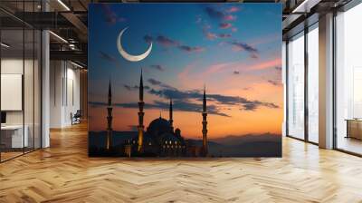 islamic background of silhouette islamic mosque at night with moon on blue sky Wall mural