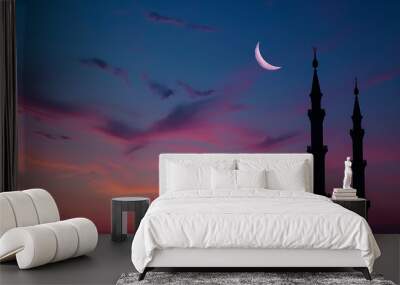 Mosques on dusk sky twilight and crescent moon, religion of Islamic Wall mural